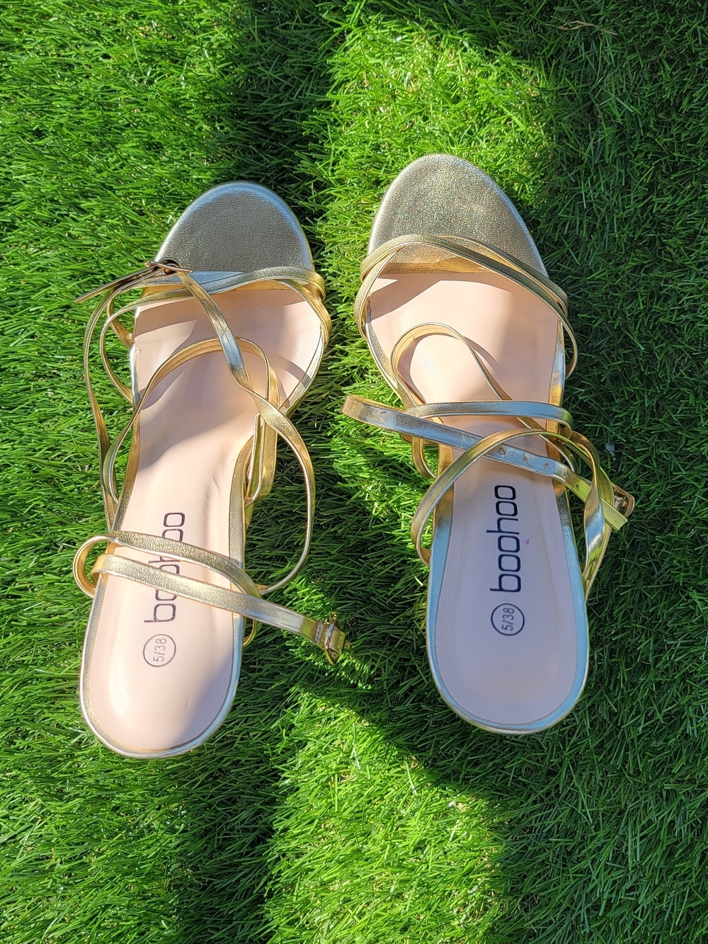 boohoo Gold Strappy Block Heel Sandals